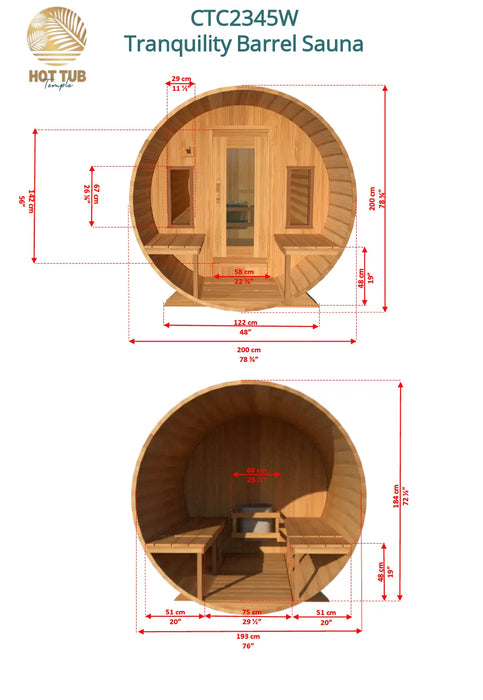 Dundalk LeisureCraft CT Tranquility and Tranquility MP Barrel Saunas Dimensions CTC2345 CTC2345MP