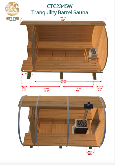 Dundalk LeisureCraft CT Tranquility and Tranquility MP Barrel Saunas Dimensions CTC2345 CTC2345MP